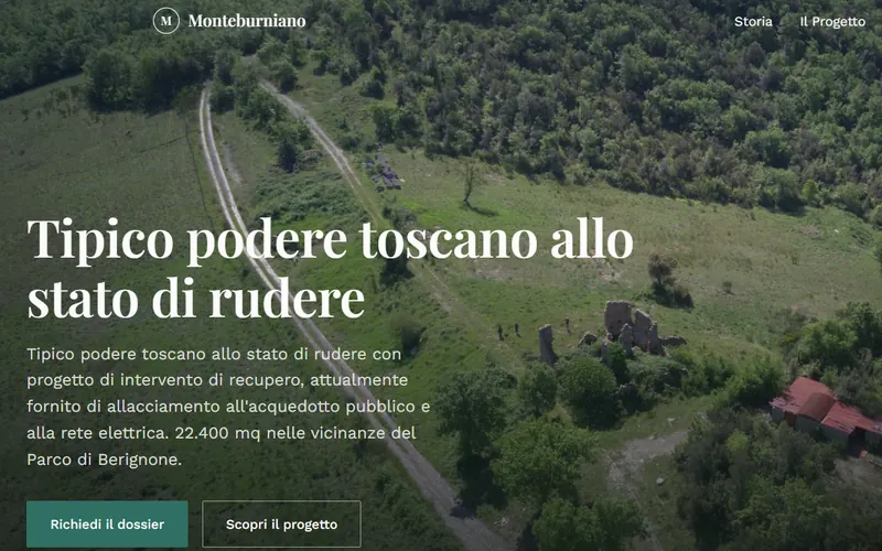 Sito Monteburniano: veduta aerea del podere toscano con titolo e pulsanti