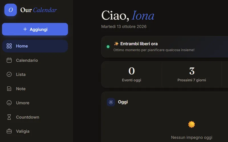 Our Calendar: schermata Home con saluto, stato della coppia e riepilogo degli eventi